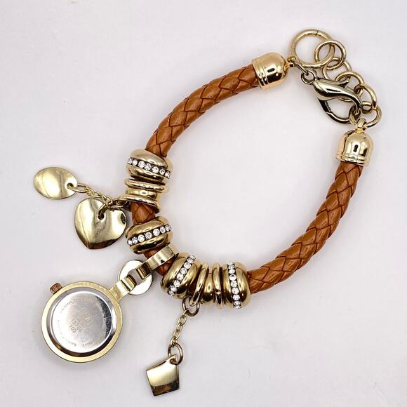 Signed NY&C Watch Charm Bracelet Heart Love Woven Brown Leather Gold Tone - 7" - Picture 6 of 10
